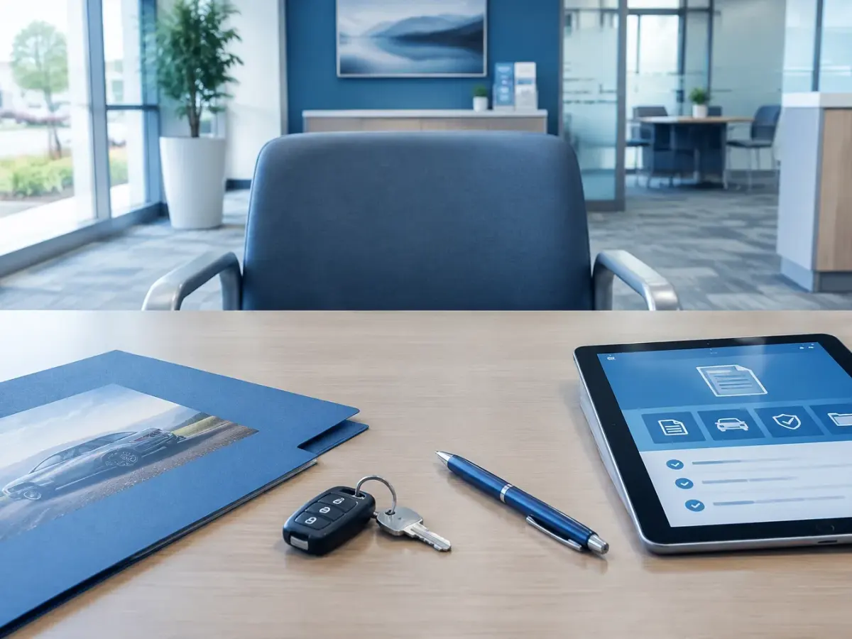 Credit union desk with a vehicle loan folder and keys