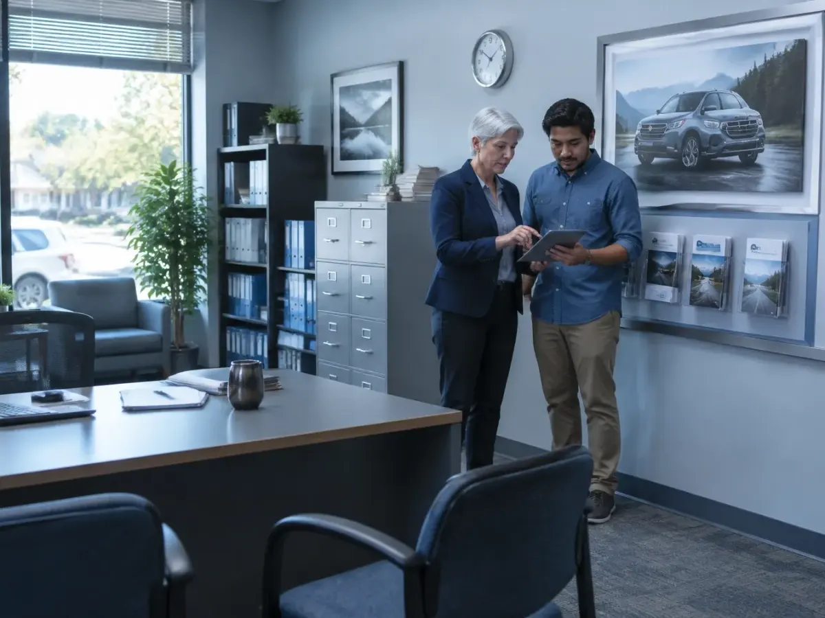 Insurance agents reviewing vehicle photos together