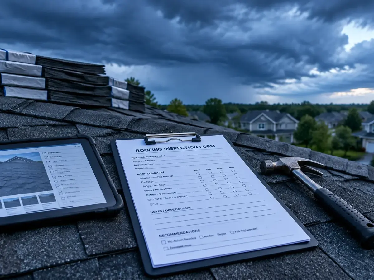 Roofing inspection tablet and clipboard on shingles