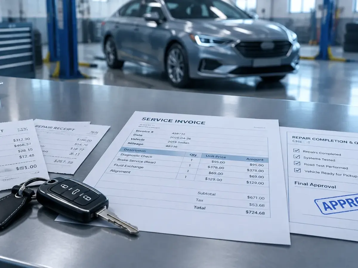 Body-shop handoff desk with car keys, repair receipts, service invoice, and approved document