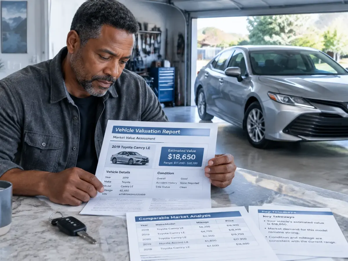 Vehicle owner reviewing a valuation report beside a repaired vehicle