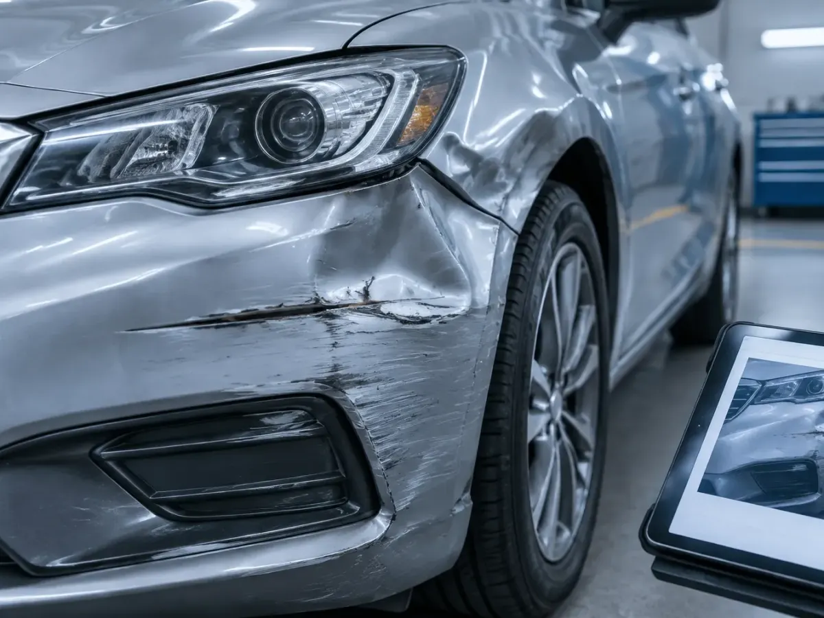 Close inspection of a damaged silver front bumper and fender with a tablet documenting the collision damage