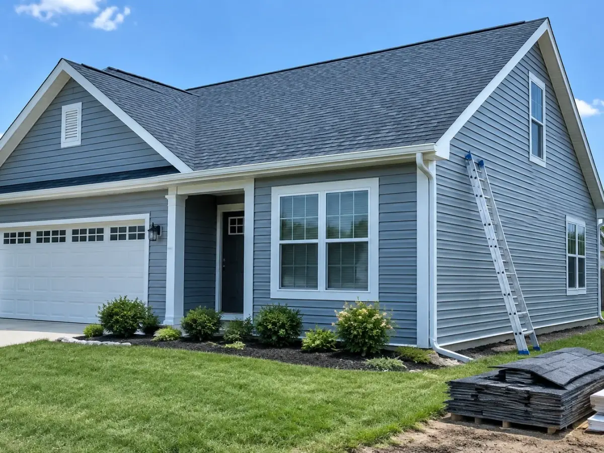 Freshly completed residential roof and siding with a ladder and neatly stacked materials