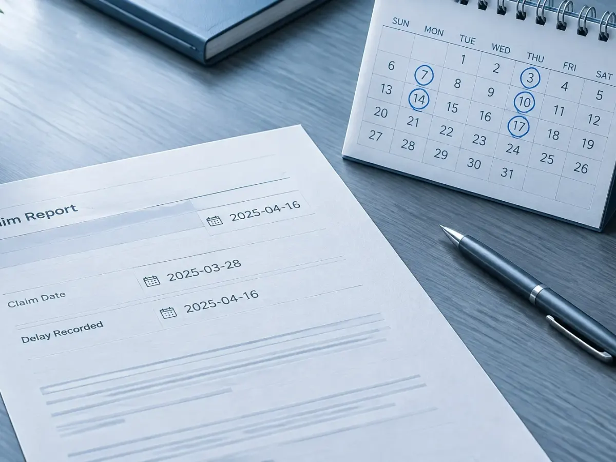 Dated claim document beside a calendar with marked days and a pen on a cool-toned desk
