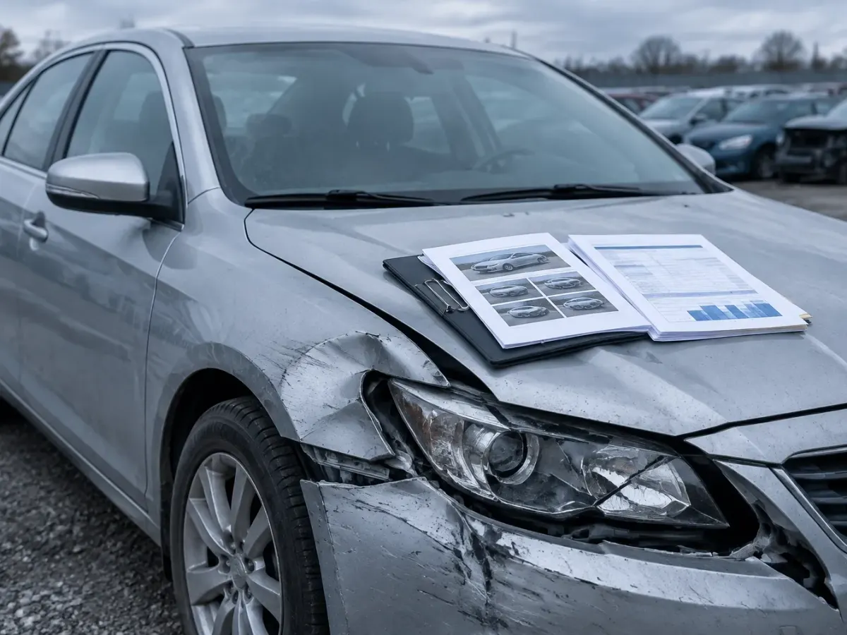 Damaged silver vehicle in an impound yard with valuation paperwork spread across the hood